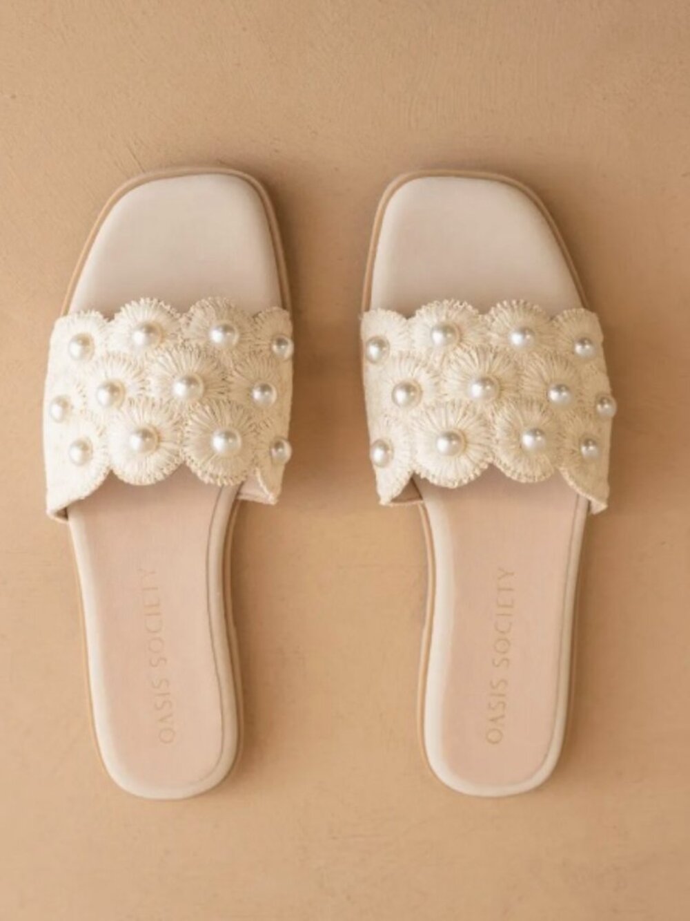 Oasis Society Pearl-Embellished Cream Slide Sandals